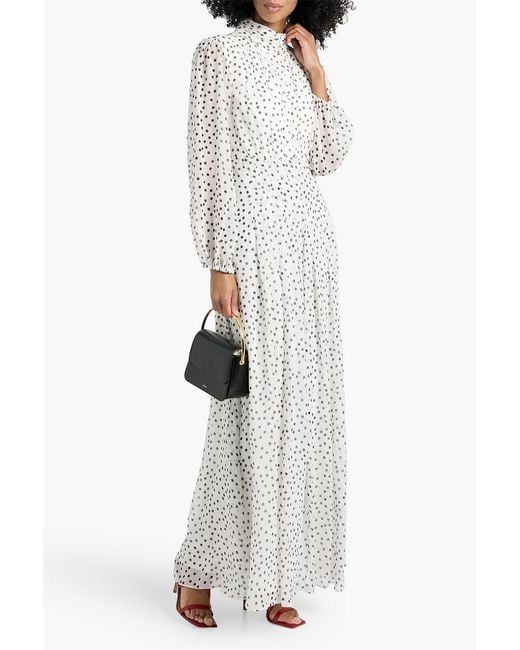 Mikael Aghal White Pleated Polka-Dot Georgette Maxi Dress