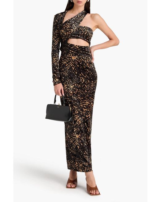 Nanushka Black One-sleeve Cutout Printed Crushed-velvet Maxi Dress