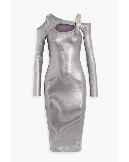 Versace Gray Cutout Ribbed-knit Midi Dress