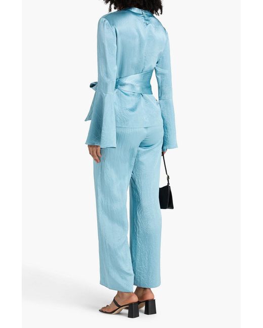 Nanushka Blue Ilone Belted Crinkled-Satin Blouse