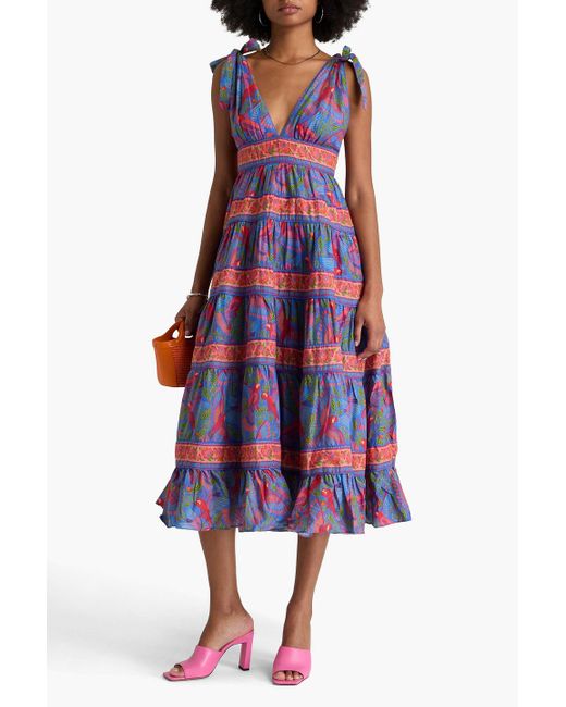 Farm Rio Purple Gestuftes midikleid aus baumwollmusselin mit print