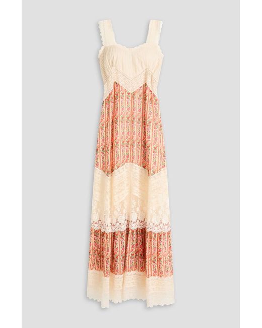 Saloni Pink Phoebe Lace-Paneled Floral-Print Cotton And Silk-Blend Maxi Dress