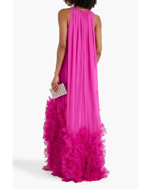 Badgley Mischka Pink Ruffled Chiffon Gown