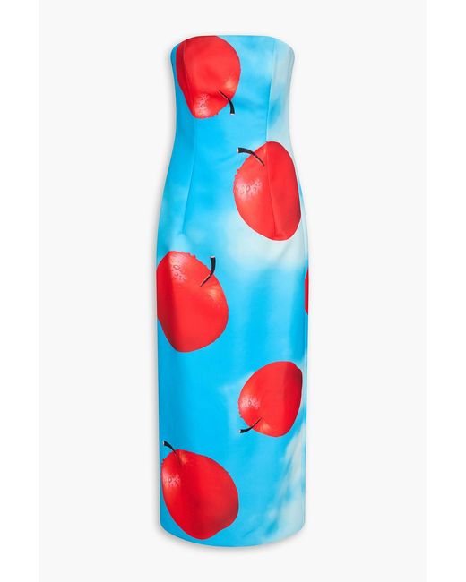 LEO LIN Blue Rayna Strapless Printed Satin Maxi Dress