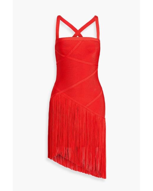 Hervé Léger Red Josephine Asymmetric Fringed Bandage Dress