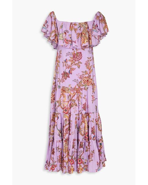 Farm Rio Purple Gestuftes midikleid aus einer baumwollmischung mit floralem print