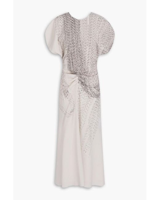 Victoria Beckham White Ruched Printed Crepe Midi Dress