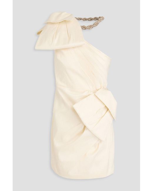 Rachel Gilbert Natural Fauve verziertes minikleid aus taft mit schleife und asymmetrischer schulterpartie