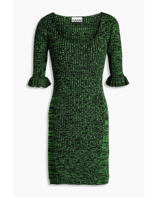 Ganni Green Marled Ribbed-knit Mini Dress