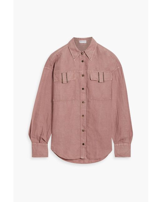 Brunello Cucinelli Pink Bead-Embellished Linen And Cotton-Blend Shirt