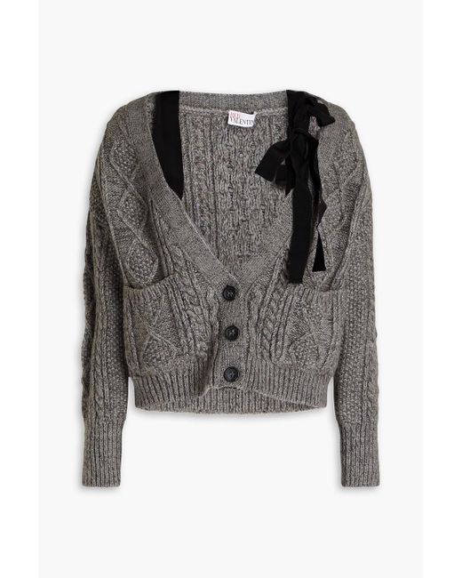 RED Valentino Black Cropped Bow-detailed Cable-knit Cardigan