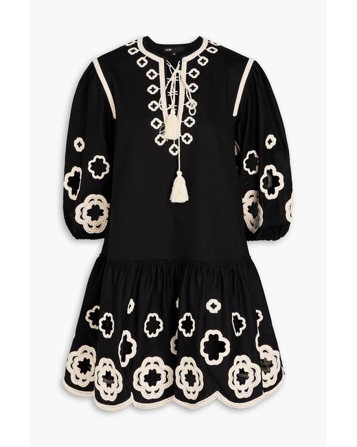 Maje Black Crochet-Trimmed Cotton-Twill Mini Dress