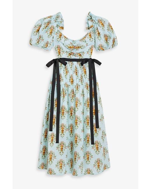 Agua Bendita Yerbamora Remedios Bow-Detailed Printed Linen Midi Dress in  Blue | Lyst