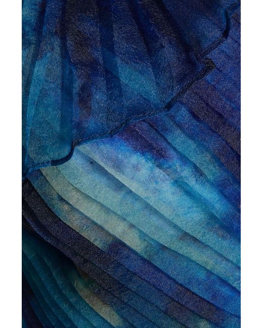 THEIA Blue Schulterfreie robe aus organza mit falten und print