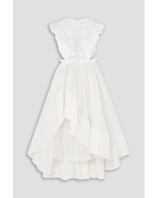 Zimmermann White Asymmetric Embellished Cutout Linen And Silk-blend Gown