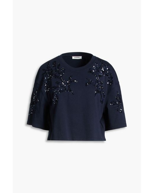 Sandro Blue Cropped Embellished Cotton-Blend Jersey T-Shirt