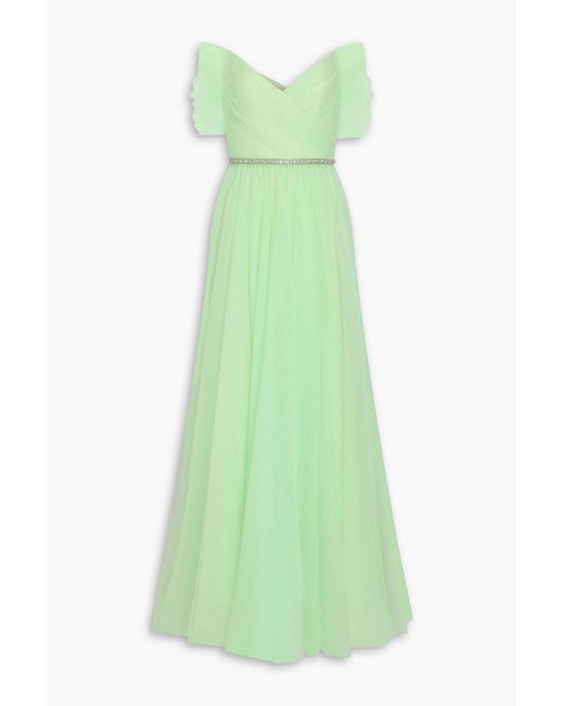 Jenny Packham Green Off-The-Shoulder Crystal-Embellished Tulle Gown