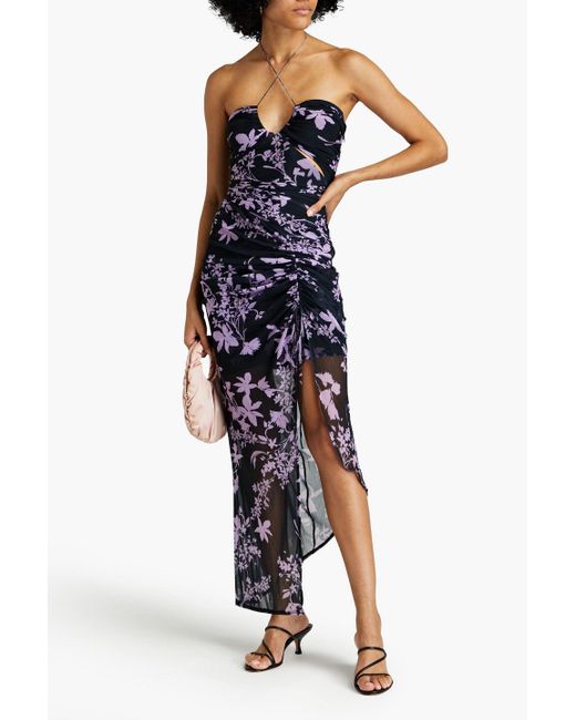 Nicholas Blue Off-the-shoulder Floral-print Stretch-mesh Maxi Dress