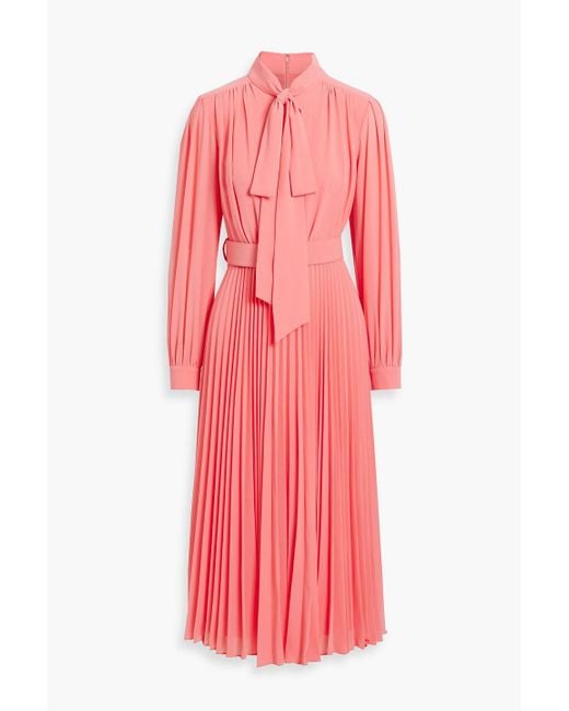Mikael Aghal Pink Pussy-Bow Pleated Chiffon Midi Dress