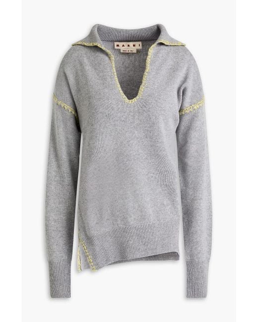 Marni Gray Embroidered Wool And Cashmere-blend Polo Sweater