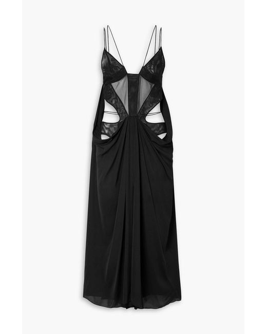 Mugler Black Cutout Tulle-trimmed Crepe De Chine Midi Dress