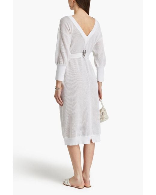 Brunello Cucinelli White Embellished Ribbed Linen And Silk-blend Midi Dress