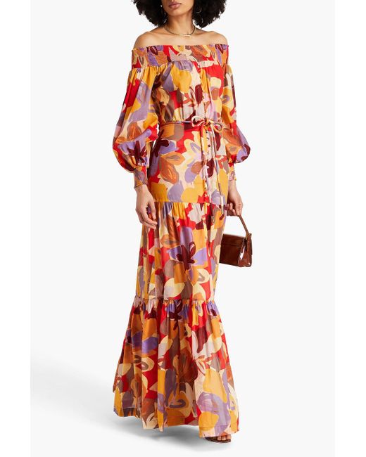 Rebecca Vallance Red Off-the-shoulder Printed Cotton-voile Maxi Dress