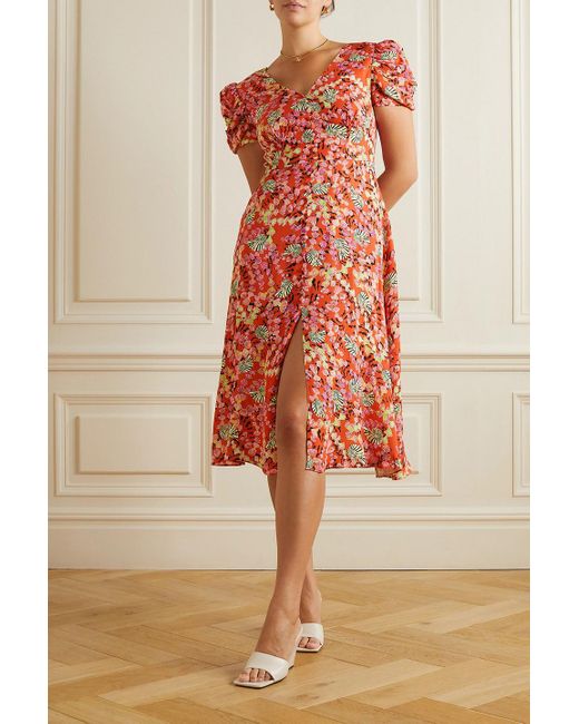 Saloni Red Margot Button-embellished Printed Crepe De Chine Midi Dress