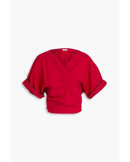 Brunello Cucinelli Red Cropped Bead-Embellished Cotton-Blend Wrap Blouse