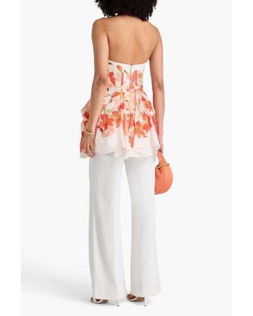 Zimmermann Red Strapless Floral-Print Linen And Silk-Blend Peplum Top