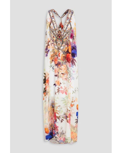 Camilla White Crystal-Embellished Floral-Print Silk Crepe De Chine Midi Dress