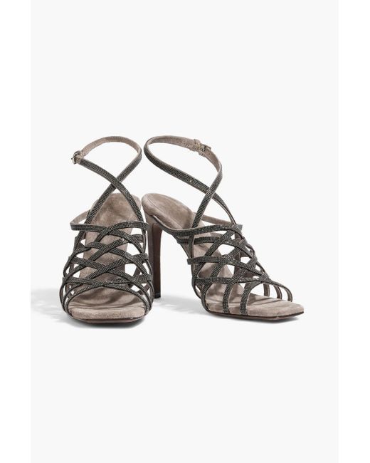 Brunello Cucinelli White Bead-embellished Suede Slingback Sandals