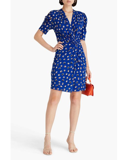 Diane von Furstenberg Blue Duncan Ruched Printed Jersey Mini Dress