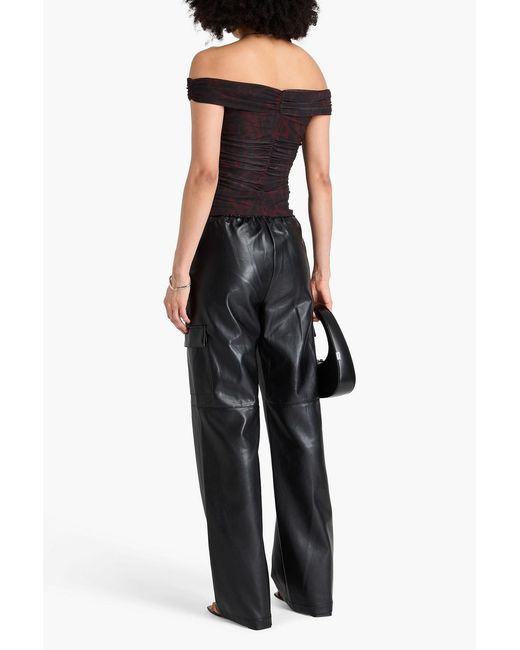 Ganni Black Off-The-Shoulder Ruched Leopard-Print Mesh Top