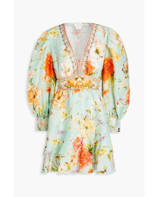 Camilla Gray Minikleid aus einer leinen-seidenmischung mit floralem print und kristallverzierung