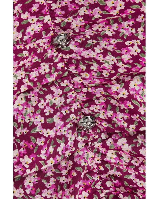 Alessandra Rich Purple Bow-detailed Ruched Floral-print Silk Crepe De Chine Midi Dress