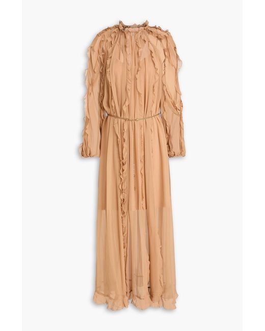Zimmermann Natural Belted Ruffled Silk-Georgette Midi Dress