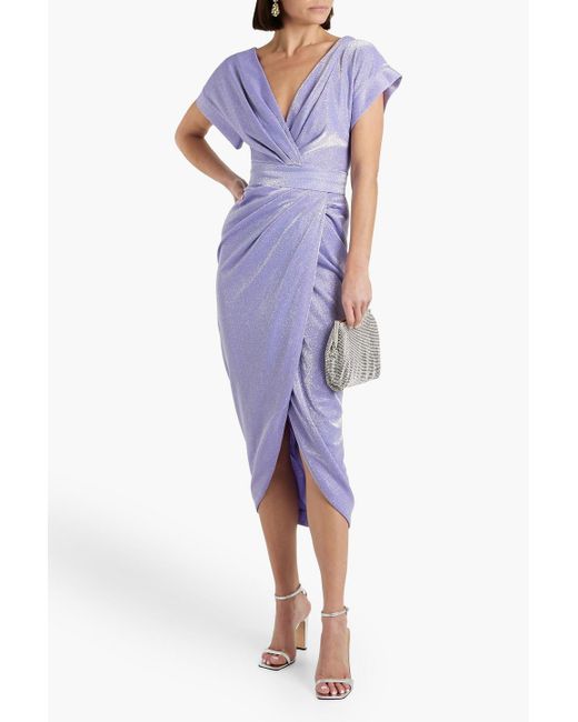 Rhea Costa Purple Wrap-effect Draped Glittered Jersey Midi Dress