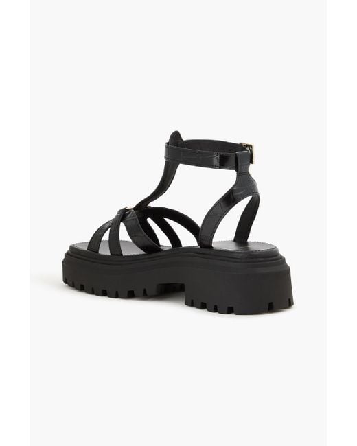 Maje Black Embellished Croc-Effect Leather Sandals