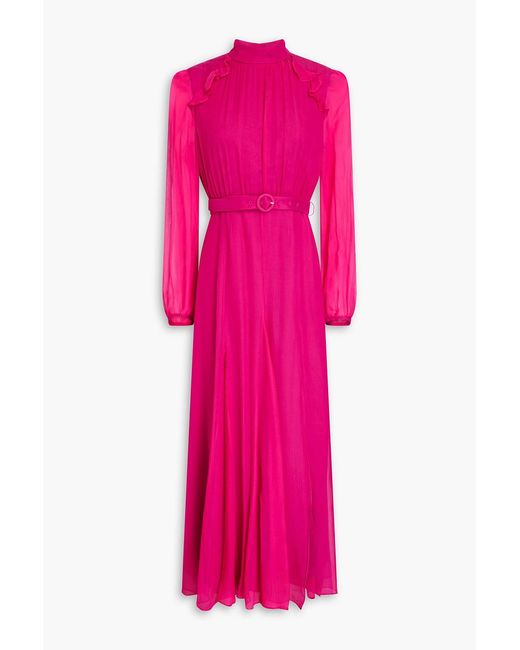 Saloni Pink Jacqui Belted Silk-Blend Crepon Maxi Dress