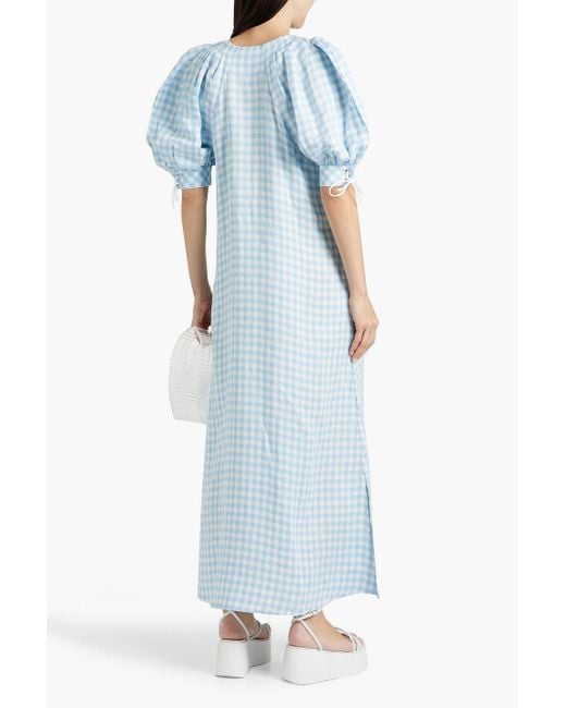Sleeper Blue Garden Gingham Linen-blend Maxi Dress