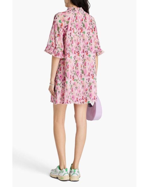 Ganni Pink Ruffled Floral-Print Plissé-Georgette Mini Dress