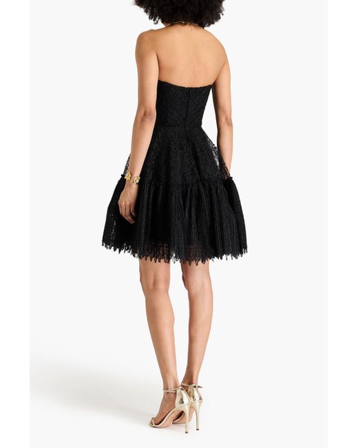 Costarellos Black Strapless Pleated Lace Dress