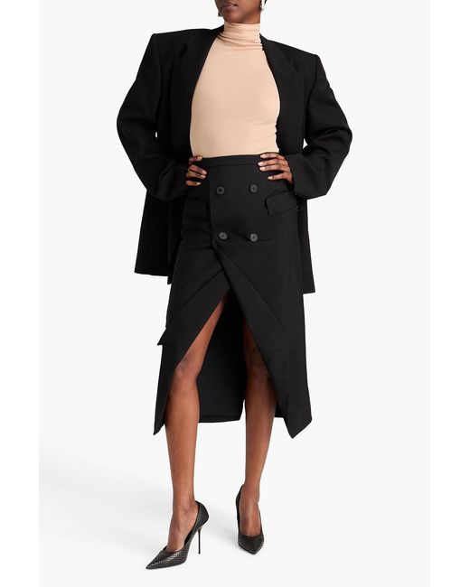 McQueen Black Wrap-Effect Wool-Crepe Midi Skirt