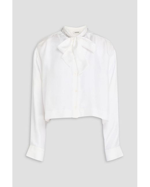 Sandro White Cropped Crystal-Embellished Silk-Twill Shirt