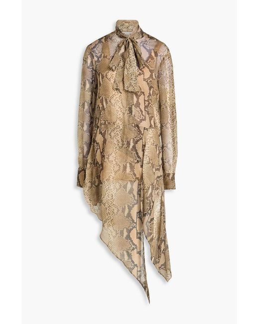 Stella McCartney Natural Pussy-Bow Snake-Print Silk-Chiffon Midi Dress