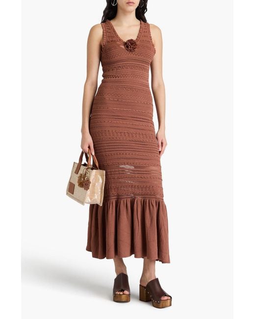 Sandro Brown Crystal-Embellished Pointelle And Crochet-Knit Midi Dress