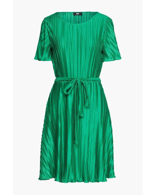 DKNY Green Tie-front Pleated Satin Dress