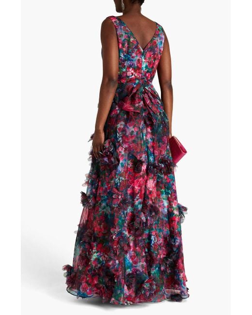 Marchesa Red Tulle-trimmed Floral-print Organza Gown