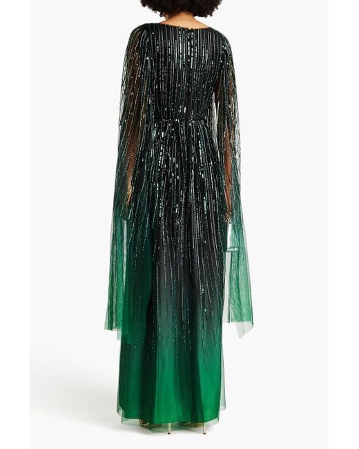 Marchesa Green Cape-effect Embellished Tulle Gown